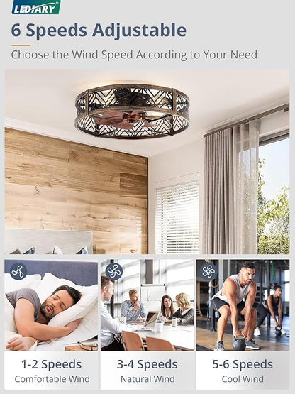 LEDIARY 23" Caged Ceiling Fan with Light, Large Flush Mount, App&Remote Control, Low Profile Bladeless Fan Light Fixture 6 Speed, Reversible and Quiet Motor-Black Gold