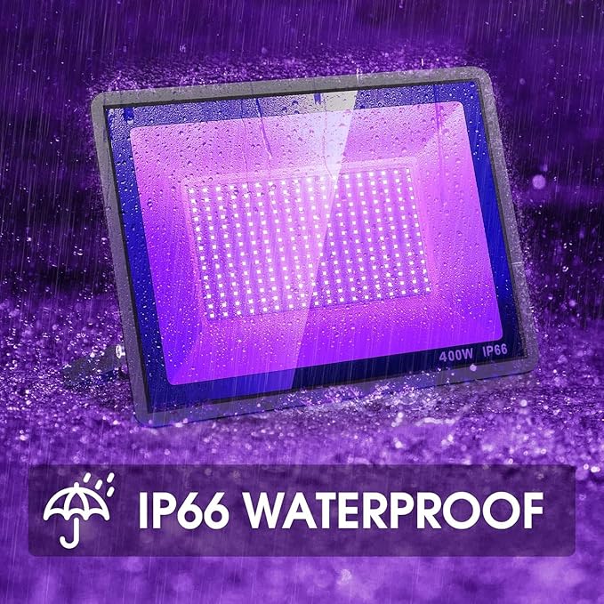 YANYCN 4 Pack 400W LED Black Light,Black Flood Light Outdoor with Plug and Switch, IP66 Waterproof 395nm to 405nm LED UV Blacklight Neon Glow for Glow Party, Halloween, Fluorescent Poster, Body Paint
