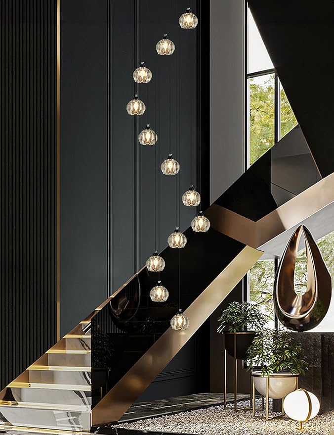 Weesalife Crystal Chandeliers for Staircases, 12-Light Black Modern Chandeliers for High Ceilings，Crystal Pendant Light Fixture for Living Room Kitchen Island Foyer Hallway Bar