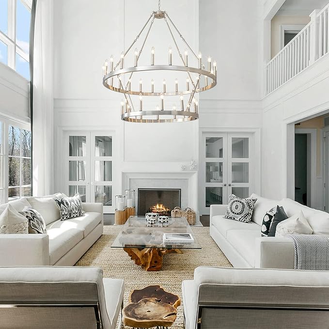 HHR 2 Tier Wagon Wheel Chandelier 36-Light 48 Inch, Extra Large Nickel Round Rustic Candle Farmhouse Pendant Light Fixture for High Ceilings, Dining Room Living Room Office E12