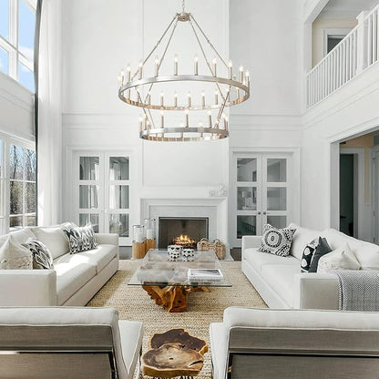 HHR 2 Tier Wagon Wheel Chandelier 36-Light 48 Inch, Extra Large Nickel Round Rustic Candle Farmhouse Pendant Light Fixture for High Ceilings, Dining Room Living Room Office E12