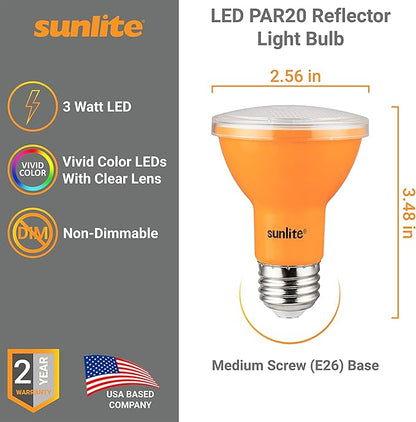 Sunlite 81469 LED PAR20 Colored Recessed Light Bulb, 3 Watt (50w Equivalent), Medium (E26) Base, Floodlight, ETL Listed, Amber, 1 Count