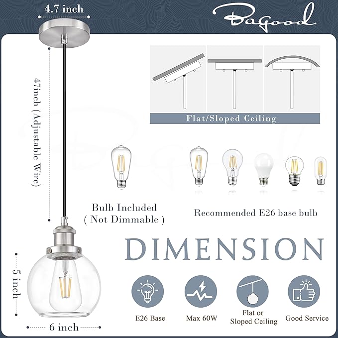 Bagood Brand 6 inch Mid Century Modern Globe Pendant Light, Brushed Nickel Finish, Clear Glass, Kitchen Island Lighting, Includes Bulb, Adjustable Cord, Monopoint with Canopy