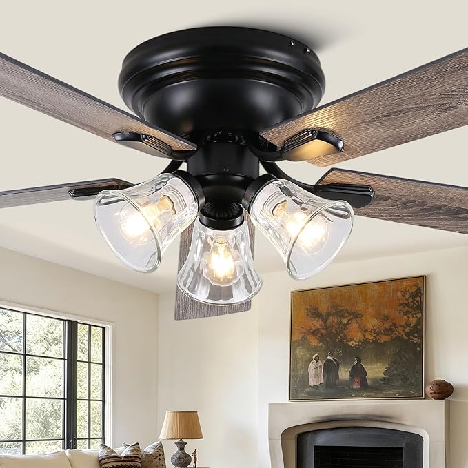 60" Flush Mount Vintage Ceiling Fan with Lights and Remote, Farmhouse Rustic Ceiling Fan Low Profile Antique Fandelier Chandelier for Bedroom Living Room, 3 E26 Lights (Bulbs Not Included)
