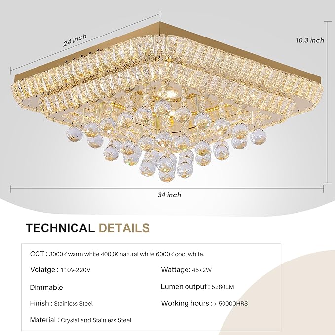 24 inch Crystal Flush Mount Gold Chandelier Remote/APP, Modern Raindrop LED Ceiling Light, 3CCT Dimmable & Brightness Adjustable,Elegant Chandeliers for Bedroom Hallway Dinning Room Living Room