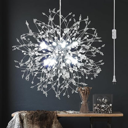 Plug in Crystal Chandelier, Modern Plug in Pendant Light Hanging Light Fixture 2-in-1 Chrome Pendant Light Dandelion Chandeliers for Dining Room Bedroom Kitchen Foyer Entryway Living Room