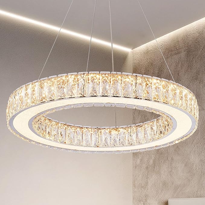 Depuley Modern LED Crystal Chandeliers: 23.6" Ring Chandelier Hanging Crystal Ceiling Light Fixture - 50W Adjustable Height Pendant Light for Living Room Dining Room Bedroom Foyer