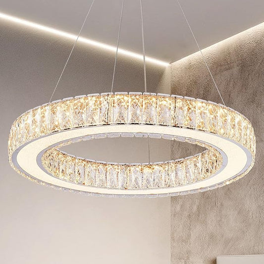 Depuley Modern LED Crystal Chandeliers: 23.6" Ring Chandelier Hanging Crystal Ceiling Light Fixture - 50W Adjustable Height Pendant Light for Living Room Dining Room Bedroom Foyer