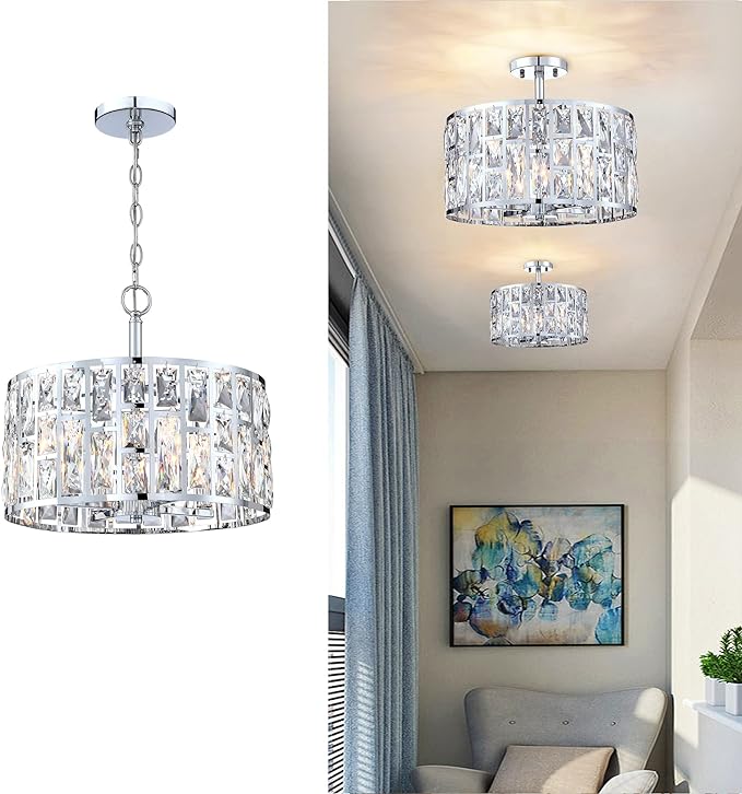 MEXO Farmhouse Crystal Convertible Chandelier and Semi Flush Mount Lighting Chrome Cylinder Drum Shade Pendant for Kitchen Island Dining Room Bedroom Hallway