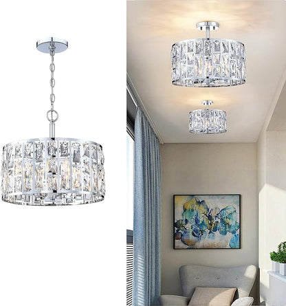 MEXO Farmhouse Crystal Convertible Chandelier and Semi Flush Mount Lighting Chrome Cylinder Drum Shade Pendant for Kitchen Island Dining Room Bedroom Hallway
