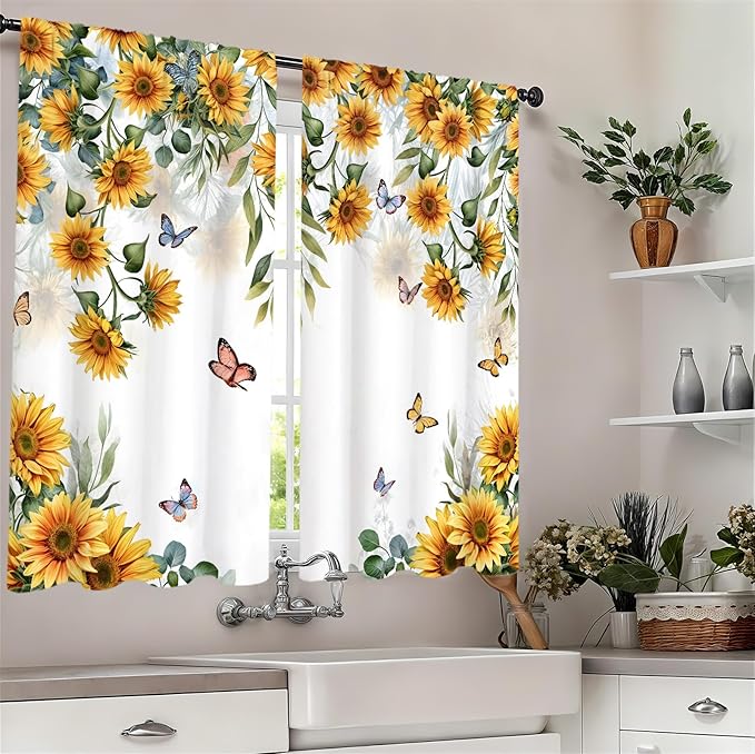 Yellow Sunflower Country Kitchen Curtain 27.5W X 39L Inch 2 Panel Rod Pocket Rustic Floral Flower Butterfly Farmhouse Over Sink Set Small Short Cafe Tier Window Drapes Bathroom Home Decor