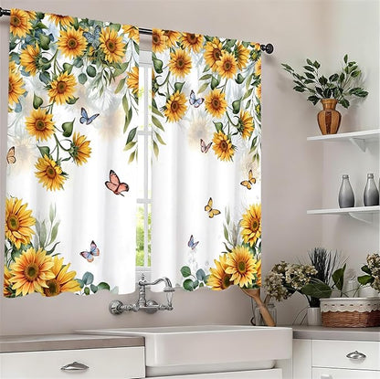 Yellow Sunflower Country Kitchen Curtain 27.5W X 39L Inch 2 Panel Rod Pocket Rustic Floral Flower Butterfly Farmhouse Over Sink Set Small Short Cafe Tier Window Drapes Bathroom Home Decor