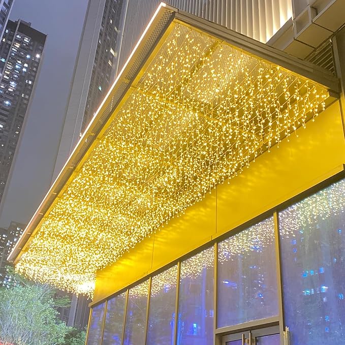 LED Ceiling Icicle Lights, 16.4FT 112 LEDs 8 Modes Twinkle Christmas Hanging Fairy String Horizontal Curtain Lights for Parties Mall Patio Yard Indoor Outdoor Decoration Warm White, 5M04