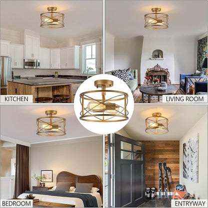 2-Light Semi Flush Mount Brushed Brass Ceiling Light Fixture, Farmhouse Industrial Metal Cage with Adjustable Height, Dimmable for Hallway Entryway Kitchen Bedroom Foyer Laundry Low Ceiling