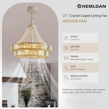 24" Modern Crystal Caged Fandelier, Smart Chandelier Fan with Remote and APP Control, Double Layer Ceiling Fan with Light for Dining Living Room Bedroom, Italian Design-White Gold