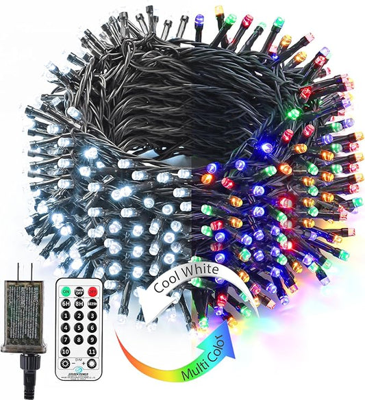 Brizled Christmas Lights Outdoor, 180.4ft 500 LED Color Changing Christmas String Lights with Remote, 11 Modes Christmas Tree Lights Cool White & Multicolor Green Wire Xmas Lights for Xmas Party Home