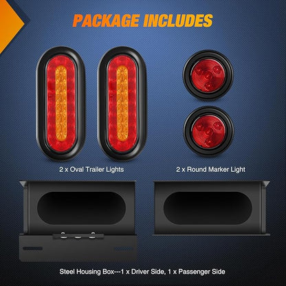 Nilight 2 PCS Steel Trailer Light Boxes Housing Kit 3LED License Plate Lights 6 Inches Oval Red Amber Tailight 2 Inch Round Side Marker Lamp Grommet Plugs for Truck Tractor Car