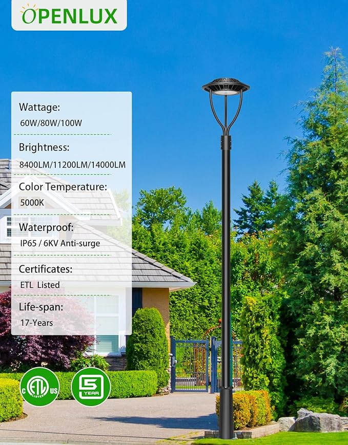 4 Pack LED Post Top Light ETL Listed 100W 80W 60W Adjustable Outdoor Pole Lights with Photocell IP65 Waterproof Post LED Fixture 5000K for Garden Yard Street Lighting