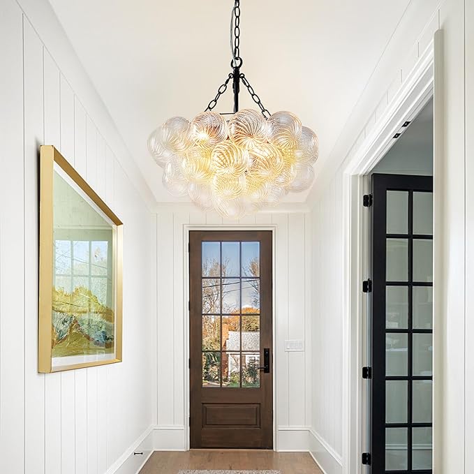 Hand Blown Glass Bubble Ball Chandelier Black Finish 20" Small Pendant Lights Art Deco Cluster Swirled Art Deco Cluster Ribbed Blown Glass Globe Lighting for Entry Room Bathroom Bedroom