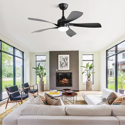 CACI Mall 52 inch Black Ceiling Fans with Lights, Remote Control, Modern, Low Profile, Outdoor Ceiling Fan with 5 Blades, Quiet Reversible DC Motor for Living Room, Bedroom, Patios
