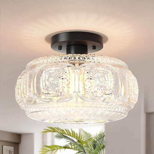 Semi Flush Mount Ceiling Light, Upgraded Larger Black Glass Ceiling Light Fixture, Vintage Lighting for Hallway Kitchen Bedroom Dining Room, Bulb Not Included