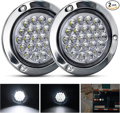Nilight 4 Inch Round Trailer Tail Light 2PCS 24LED White Stainless Steel Chrome Bezel Waterproof Backup Reverse Lights for Truck Van Lorry Camper Boat