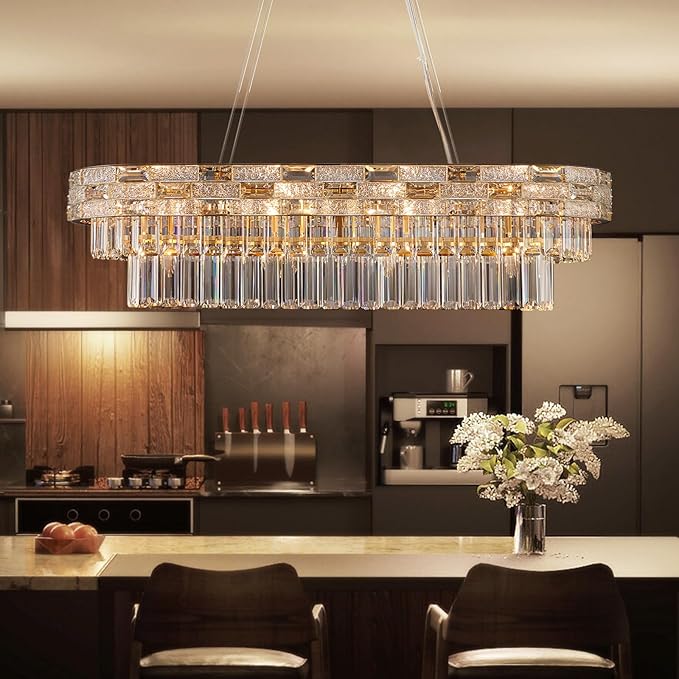 34.3" L Modern Crystal Chandeliers for Dining Room 12 Lights Gold Chandelier Large Luxury Chandelier Pendant Light Fixture, Kitchen Island,Entryway,Living Room 34.3" L x 8.7" H