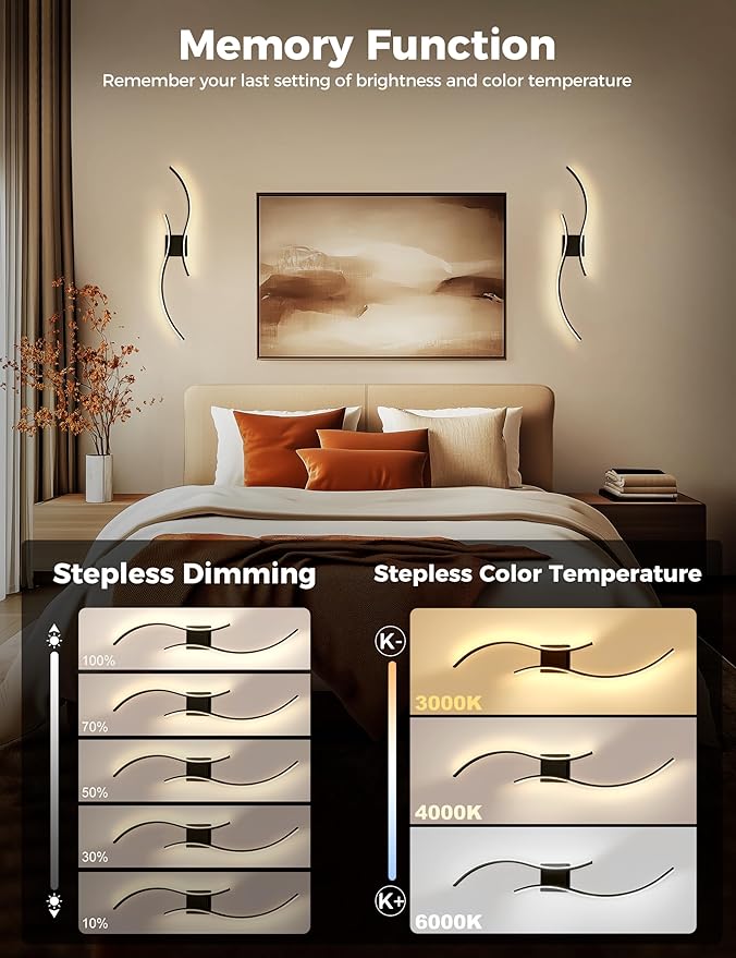 DORESshop Battery Operated Wall Sconces Set of 2, Modern Wireless Rechargeable Wall Lights with Stepless Dimming,3000k-6000K, Sconce Wall Decor for Living Room, Hallway, Bedroom, Black 39in