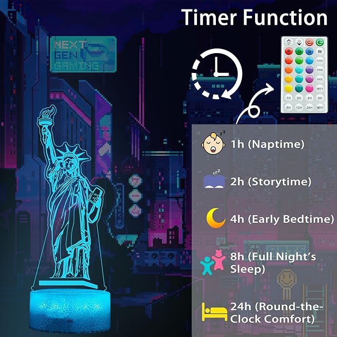 Statue of Liberty Night Light, 3D Illusion Lamp with 16 Colors Changing, Timer, 4 Flash Modes and Dimmable, Kids Boys Girls Room Decor, Holiday Xmas World Landmark Building Gifts