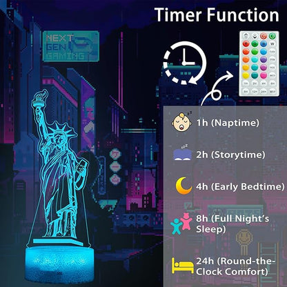 Statue of Liberty Night Light, 3D Illusion Lamp with 16 Colors Changing, Timer, 4 Flash Modes and Dimmable, Kids Boys Girls Room Decor, Holiday Xmas World Landmark Building Gifts