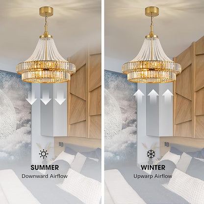 24“ Modern Crystal Chandelier Ceiling Fan with Lights, Remote & App Control, 6-Speed Reversible Large Fandelier, Double Layer Design for Bedroom, Living Room (Luxury Gold)