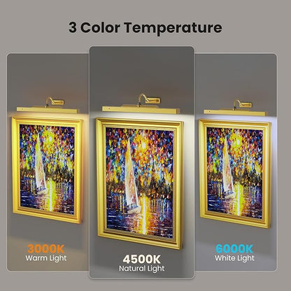 Lights for Pictures on Wall, 16in Battery Operated Picture Lights for Paintings, 5000mAh Wall Lights with Remote and 3 Light Modes,Art Light for Wall Painting,Frame, Portrait, Dartboard - Gold