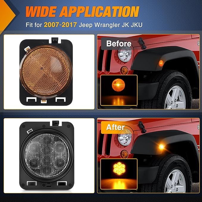 Nilight JK Side Marker Light 8LED Smoked Lens Amber Front Fender Indicator Turn Signals Lights IP67 Waterproof Clearance Lamp Compatible with 2007-2017 Wrangler JKU