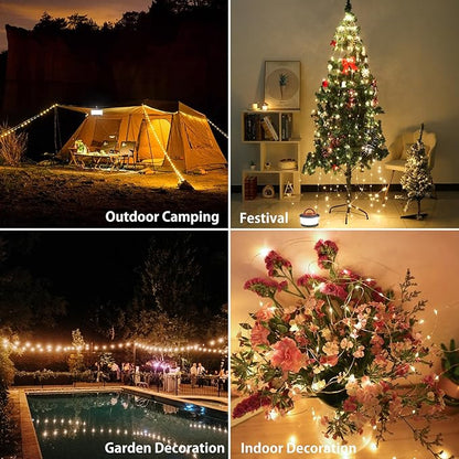 2-Pack Camping String Lights, 4 in 1 Retractable String Lights, Quick 30s Recovery, 32.8ft Rechargeable LED Fairy Lights for Outside, 32.8ft Portable Tent Lights for Tent Patio Awning RV Decoration