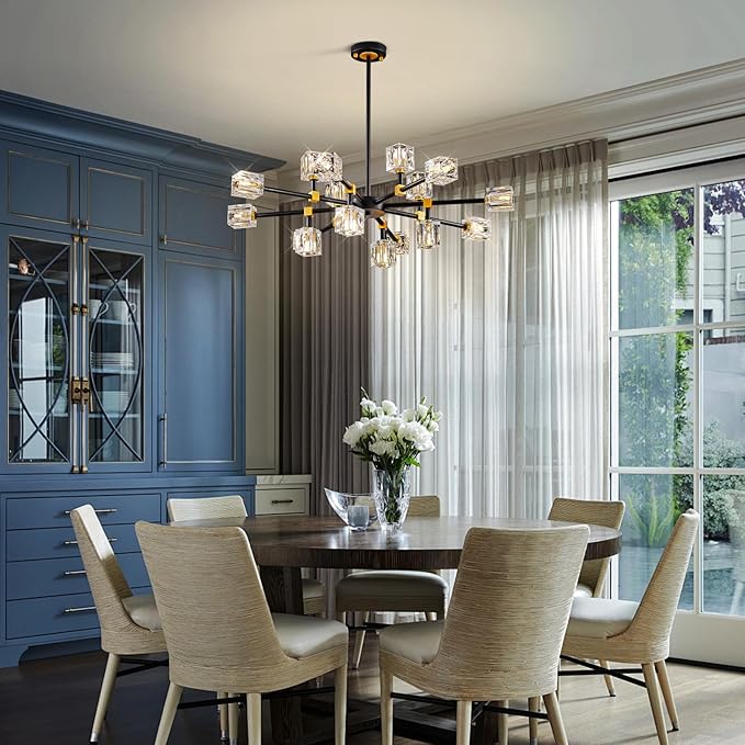 Sputnik Chandeliers with16-Light,Modern Black and Gold Crystal Chandelier, Mid Century Ceiling Light Fixture for Dining Room, Kitchen Island,Foyer,Living Room,Bedroom