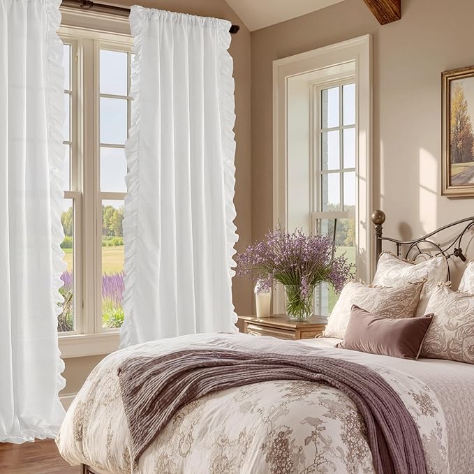 StangH Victorian Romantic White Curtains with Ruffle, Privacy Protect Light Filtering Drapes, Faux Silk Ideal for Countryside Bedroom/Girls Room/Party Backdrops, W50 x L95, 2 Panels