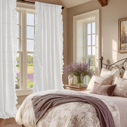 StangH Victorian Romantic White Curtains with Ruffle, Privacy Protect Light Filtering Drapes, Faux Silk Ideal for Countryside Bedroom/Girls Room/Party Backdrops, W50 x L95, 2 Panels