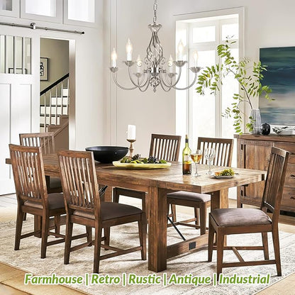 6-Light Farmhouse Candle Chandelier for Living Room, Rustic Industrial Pendant Ceiling Light fixture, Brushed Nickle Modern Ceiling Hanging Lamp for Bedroom Hallway Kitchen Dining Room Foyer, E12 Base
