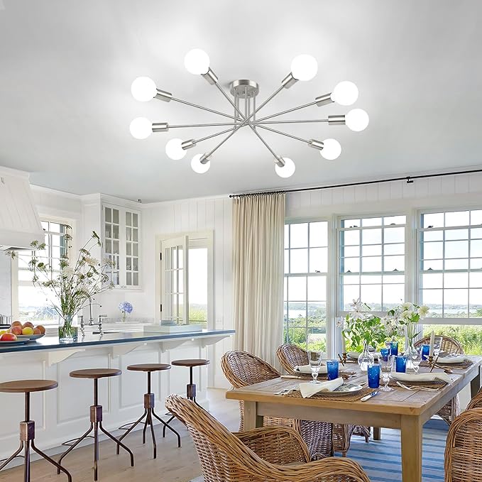 Semi Flush Mount Ceiling Light Fixture, 10-Light Modern Brushed Nickel Sputnik Chandelier Industrial Ceiling Lamp for Kitchen Dining Room Living Room Bedroom Foyer
