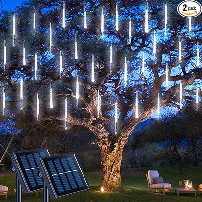 JMEXSUSS 2 Pack Solar Christmas Meteor Shower Lights, 16 Tube 288 LED White Solar Christmas String Lights Outdoor Waterproof for Tree Patio Garden Wedding Party Decorations