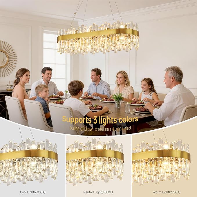 Weesalife Gold Crystal Chandeliers for Dining Room, 20 Lights Modern Oval Chandelier for Lining Room, Rectangular Crystal Pendant Light Fixture for Kitchen Island Bar L36 Inch