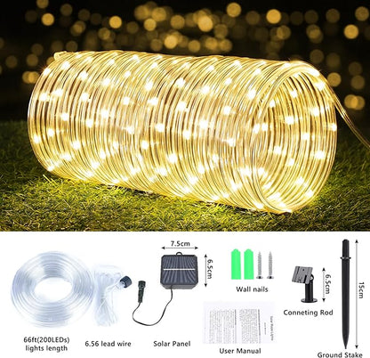 Solar Rope Lights, 66ft 200LED Solar String Lights, 8 Modes Waterproof Solar Powered Outdoor Light, Flexible Clear Tube Light for Garden, Backyard, Patio, Deck, Porch, Pool, Tree Decor - Warm White