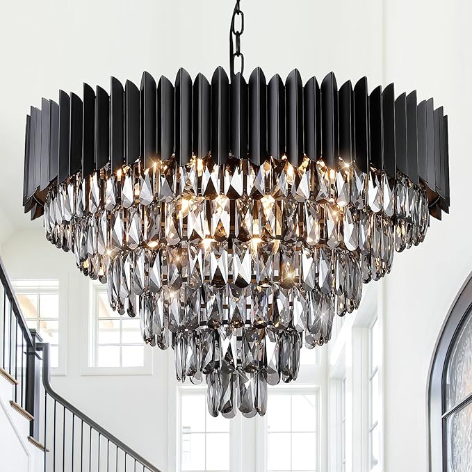 A AXILIXI Large Black Crystal Chandeliers Modern 30'' Round Chandeliers Lights Fixtures for Foyer Pendant Light 16 Lights 6-Tiers Smoke K9 for Staircase Dinning Room Living Room Bedroom