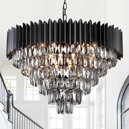 A AXILIXI Large Black Crystal Chandeliers Modern 30'' Round Chandeliers Lights Fixtures for Foyer Pendant Light 16 Lights 6-Tiers Smoke K9 for Staircase Dinning Room Living Room Bedroom
