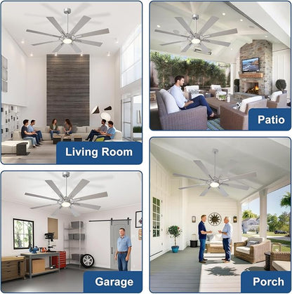 Large Ceiling Fans with Lights: Modern 66 Inch 8 Blade Outdoor Ceiling Fan with Remote APP Control - Dimmable Big Fan light Indoor Reversible 6 Speed Quiet DC Motor