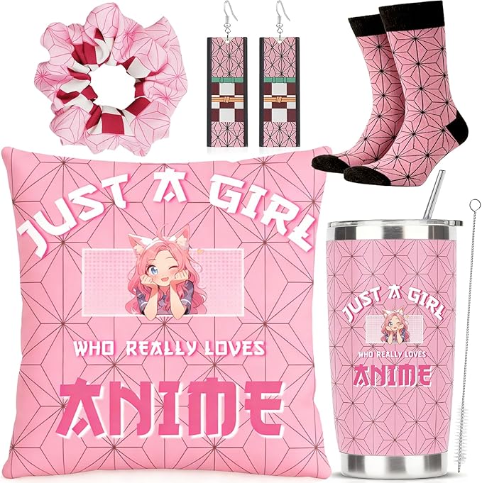 Kawaii Anime Gifts for Girls Includes 20oz Tumbler, Pillow Cover, Earrings, Scrunchies, Socks, Just A Girl Who Really Loves Anime, Birthday Gifts for Women Girls Friends Sister
