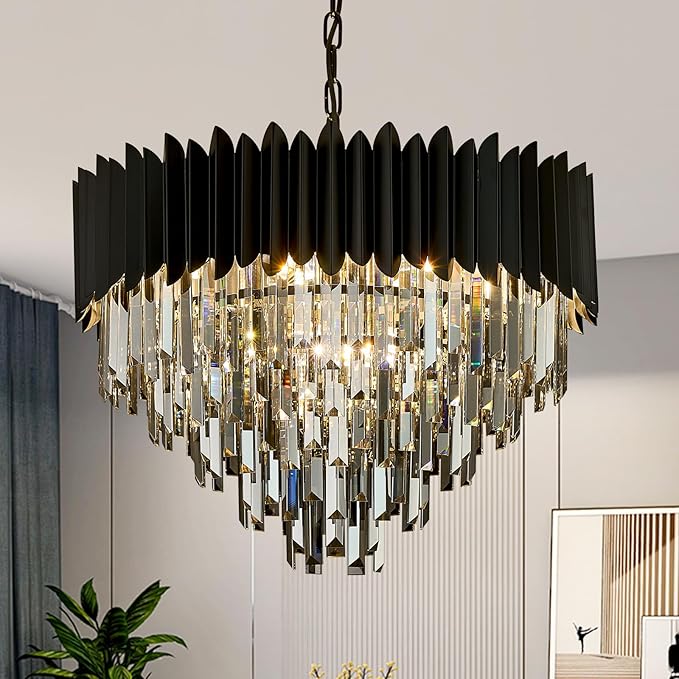 8-Light Large Crystal Chandeliers 24" Dining Room Light Fixture 5-Tier Flush Mount Smoke Gray and Black Crystal Chandelier Round Pendant Light for Dinning Room Living Room Entryway Foyer
