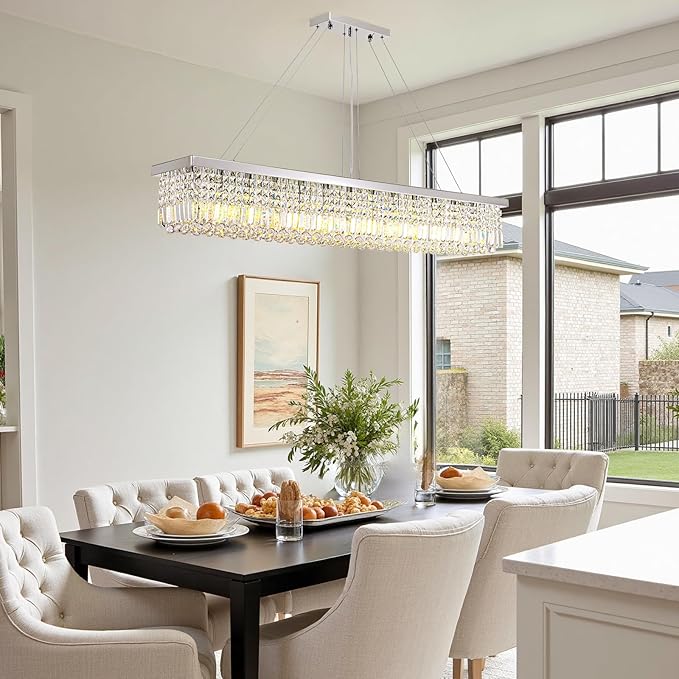 59-inch Modern Crystal Chandelier,13-Light K9 Crystal Rectangle Chandelier for Dining Room,Kitchen Island Adjustable Hanging Pendant Light Fixture,Chrome Finish