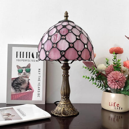 Tiffany Table Lamp 3-Way Light Handmade Bedside Lamp Small Desk Night Lamp Stained Glass Antique for Home Office Bedroom Living Room Study Room (Pink Pearls Style)