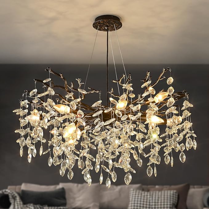 EGM Tree Branch Crystal Chandelier, 32 Inch Living Room Black Crystal Chandelier 10-Light(E12), Hanging Branch Chandeliers for Dining Room Bedroom Foyer